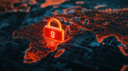 A glowing lock icon representing cybersecurity over a digital map, symbolizing data protection and secure connections globally.