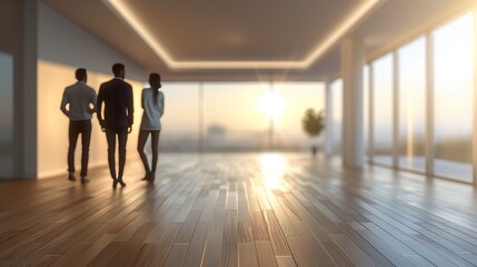 Real Estate Agent Showing Unfurnished Room to a Couple in Sunlit Modern Space