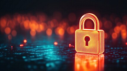 A glowing padlock symbolizes digital security and protection in a futuristic environment, representing safety in technology.