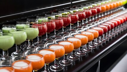 Obraz premium Rows of beautiful multicolored bright green red orange white alcohol tasty sweet delicious shots drinks in drinking glasses standing on bar on black background closeup studio, horizontal picture