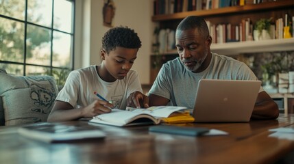 Create an image of a father helping his teenage son with homework at home. The scene should reflect parental involvement in education, featuring a laptop and books, and highlight the supportive learni