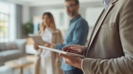 Real Estate Agent Using Tablet to Show Property Layout to Couple in Modern Unfurnished Room