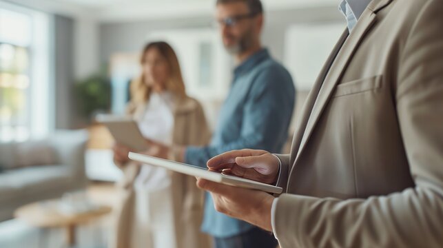 Real Estate Agent Using Tablet to Show Property Layout to Couple in Modern Unfurnished Room