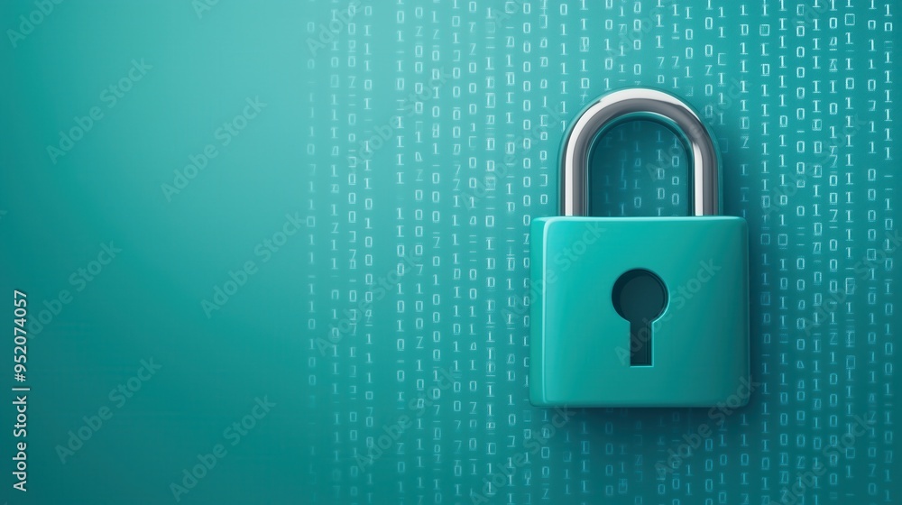 Poster a modern teal padlock symbolizing security and protection against digital threats on a binary backgr