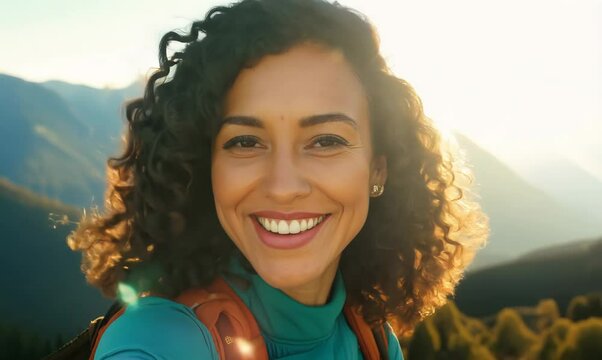 Extreme Close-Up of Algerian Woman Smiling During Mountain Hike