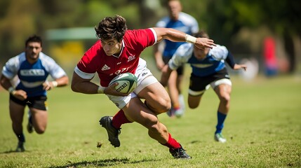 14. "A rugby player evading a tackle with impressive agility