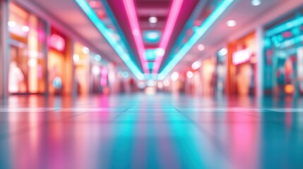 A vibrant shopping corridor illuminated with colorful neon lights, creating a dynamic atmosphere for browsing and exploration.