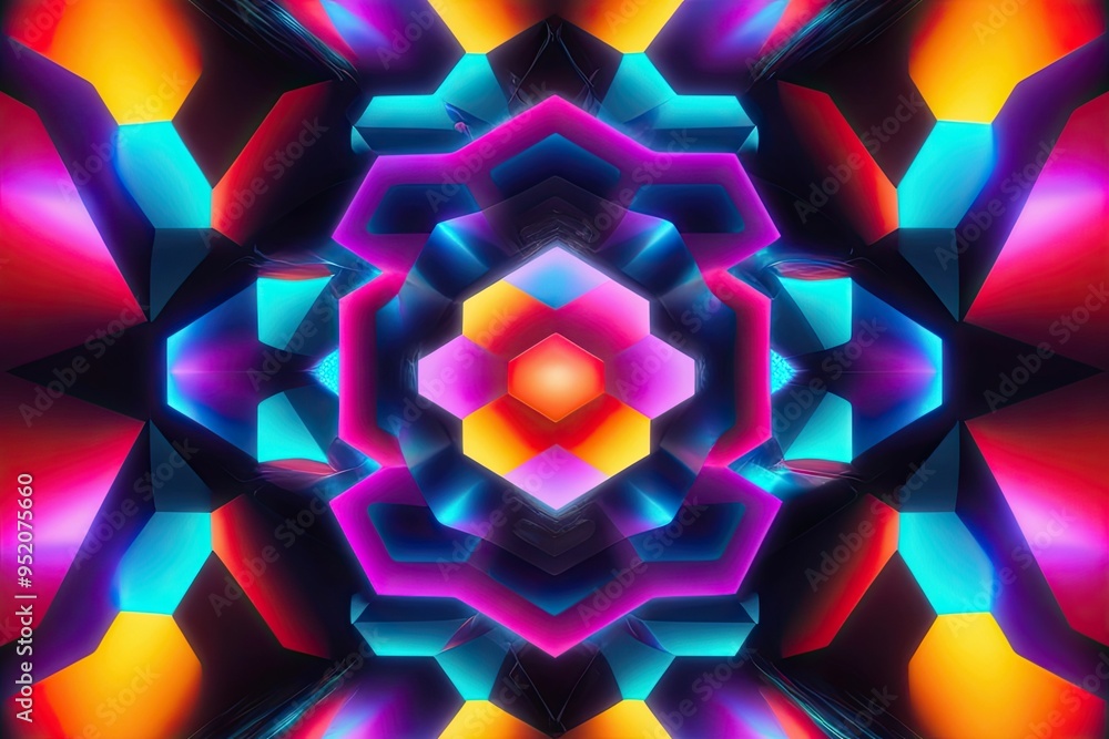 Poster dynamic hexagon design with vivid colors and surreal patterns
