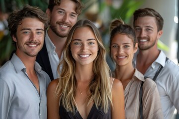Smiling group of people standing together in a restaurant, team building event