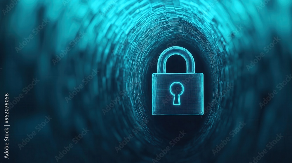 Poster abstract digital lock symbol in a glowing tunnel, representing security and safe data transmission i