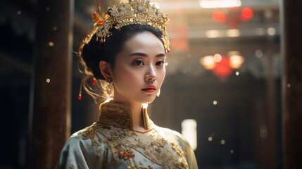 Chinese nobles wearing ancient Chinese ornaments in Chinese palaces, created with AI