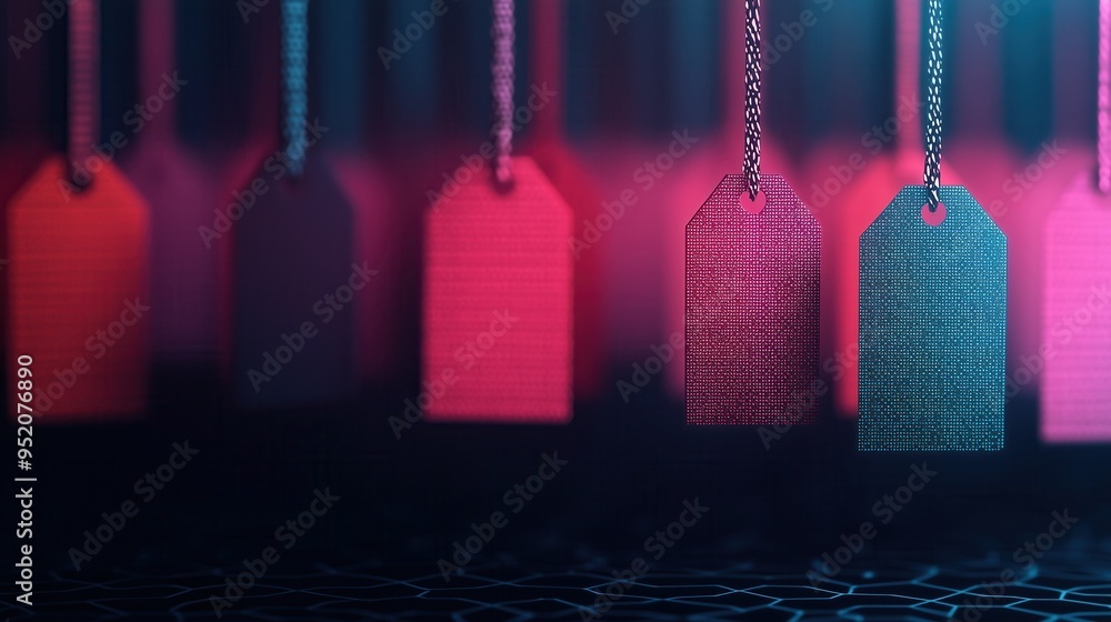 Poster colorful labels hang against a vibrant background, creating a striking visual pattern perfect for br