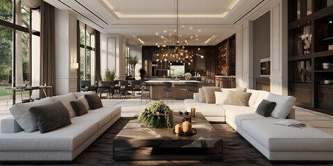 Chic living room and kitchen in a luxury villa, 3D design.