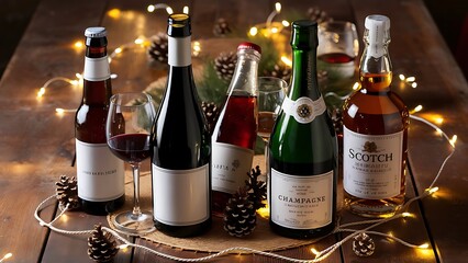 Christmas alcohol drinks set - beer, wine, champagne, scotch, soda