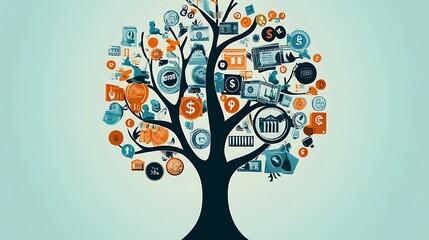 An abstract tree illustration with various currency symbols and financial related graphics adorning its branches, representing the growth of financial wealth 
