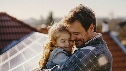 Capture a touching moment of a father and his young daughter on a rooftop with solar panels, hugging and smiling. The scene emphasizes a sustainable future and family bonding in the context of renewab