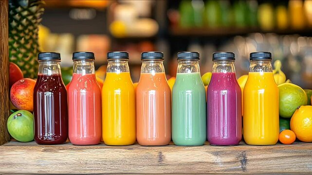 Colorful rows of fruits juice bottles