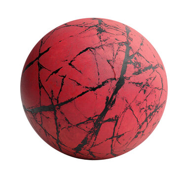 A vibrant red rubber ball featuring intricate black cracks rests on a clean white surface, emphasizing its unique design and texture in detail