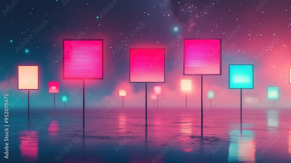 Poster vibrant neon lights illuminate abstract squares in a serene cosmic landscape, creating a mesmerizing