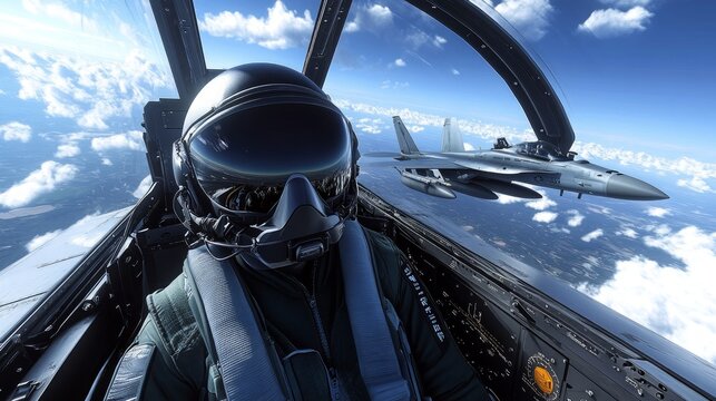 Jet fighter pilot in cockpit view with wingman support.