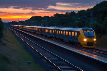 Fototapeta premium Stunning Sunset Illuminated Nighttime Railway Scene