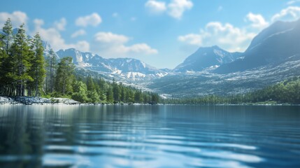 Naklejka premium Crystal Clear Mountain Lake Surrounded by Forest and Snow-Capped Peaks in a Serene Alpine Setting