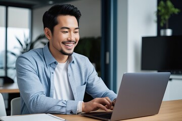 Fototapeta premium Happy Businessman Working on Laptop in Relaxed Office Environment