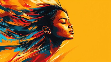 Naklejka premium A beautiful woman in profile with flowing hair illustrated in a vector style, set against a yellow background adorned with colorful feathers. The digital art portrait showcases a vibrant color palette