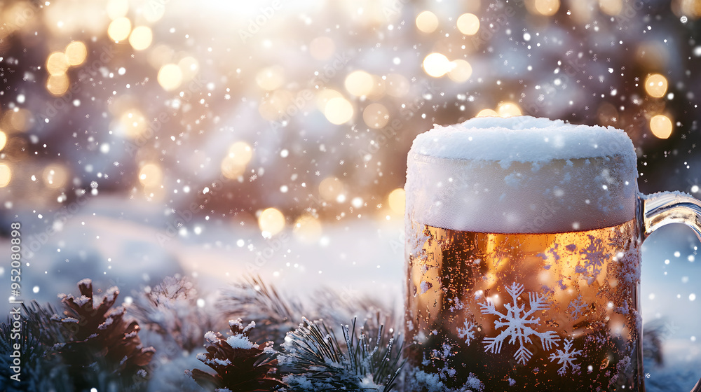 Poster a close-up of a beer stein surrounded by snowflakes, sparkling lights in the background creating a w