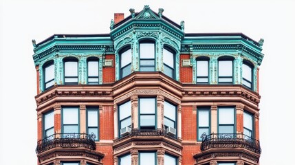 Fototapeta premium A close-up view of a historic building's ornate rooftop and windows.