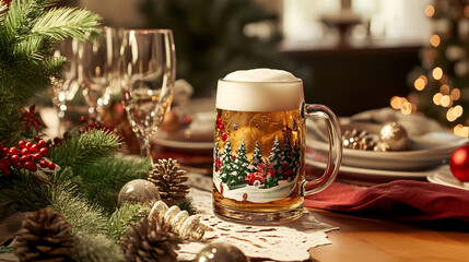 A holiday table beautifully decorated with Christmas elements features a festive mug of beer surrounded by sparkling ornaments and greenery