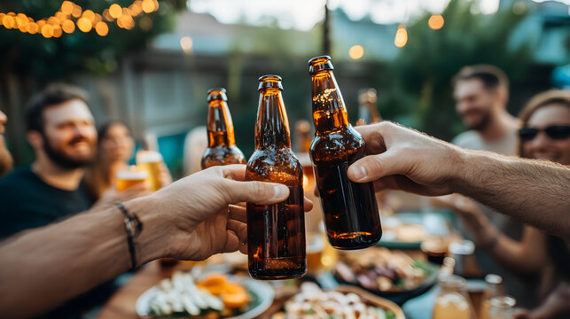 A group of friends clinking beer bottles in celebration at a lively gathering surrounded by warm lights and good food