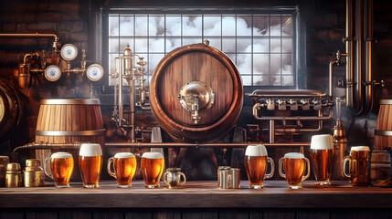 A rustic brewery scene showcases wooden barrels and a variety of beer glasses, highlighting the craftsmanship and warmth of traditional brewing