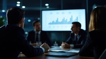 A group of business professionals sitting around a conference table, actively engaging in a discussion with charts and graphs on a screen in the background.