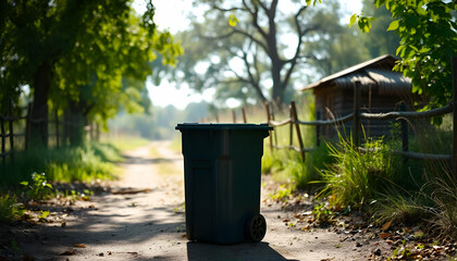 Fototapeta premium A black trash can on a dirt path surrounded by trees and foliage, with sunlight filtering through the leaves