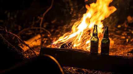 A warm glowing bonfire illuminates two beer bottles resting on a log, creating a cozy and inviting atmosphere perfect for relaxation and enjoying nature's beauty