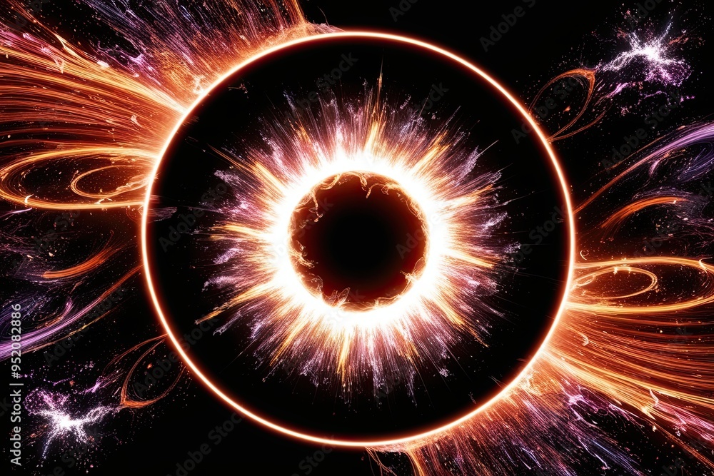 Poster vibrant circle plasma burst with dynamic swirling particle effects on black background