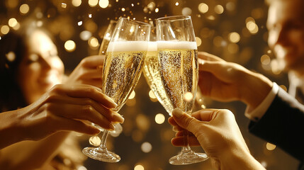 The cheerful image of people toasting with champagne on New Year’s Eve is popular for celebration themes