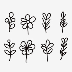 Vector black flowers bouquet, illustration outlinne  image ,botanical lines art flower, Minimalist contour drawing of flower. line drawing of flower botany.Hand drawn sketch of flower with leaves.