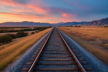 Fototapeta premium Scenic Sunset Journey on the Golden Plains Railway Through Beautiful Landscapes