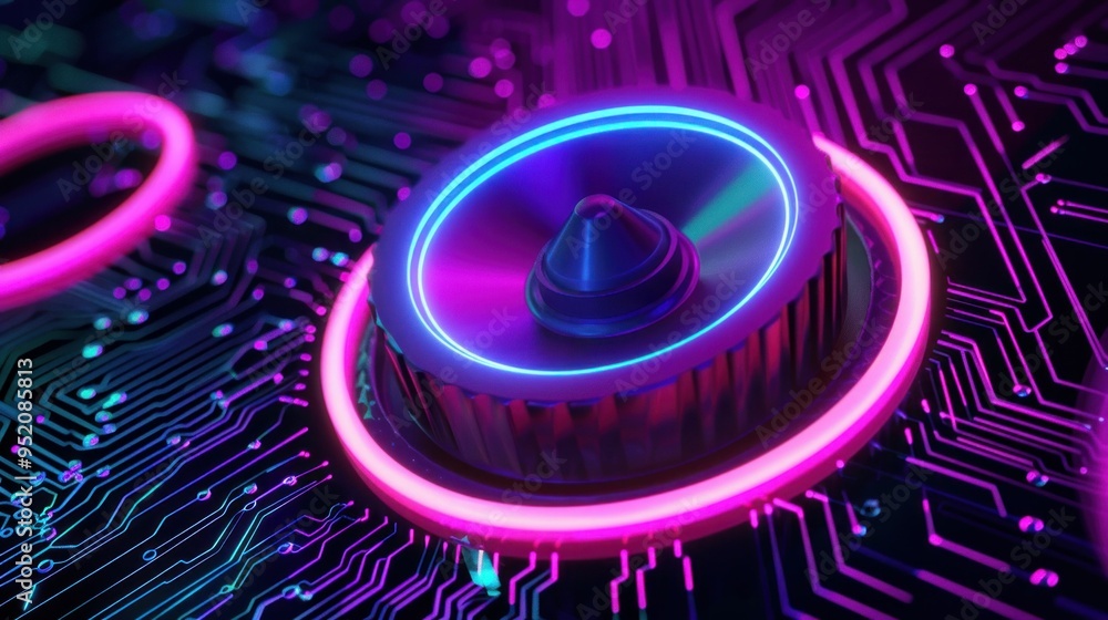 Poster Futuristic digital interface with glowing knobs and circuit patterns in vibrant colors