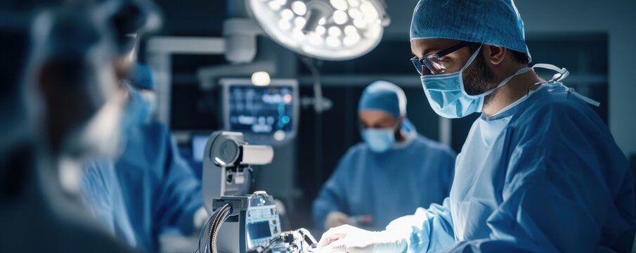  A team of doctors overseeing a robotic system performing a precise medical operation in a cutting-edge operating theater.