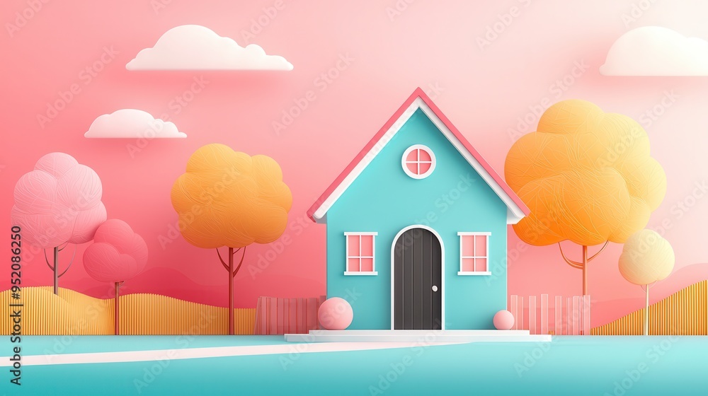 Sticker Cute Cartoon House with Pink and Blue Colors in a Dreamy Landscape.