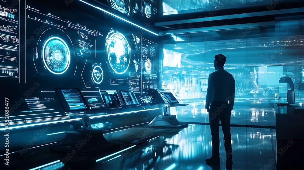 Poster digital workspace with futuristic virtual reality collaboration and cloud integration