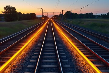 Fototapeta premium Scenic Sunset Railway Crossing Journey Through Tracks and Connections