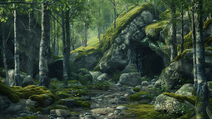 a forest landscape with a hidden cave entrance among the rocks