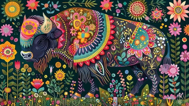 Traditional Madhubani bison, Bharni style, graceful and vibrant, in a forest with wildflowers