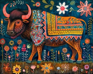 Fototapeta premium Graceful bison in Madhubani Bharni style, forest scene with wildflowers, traditional vibrant hues