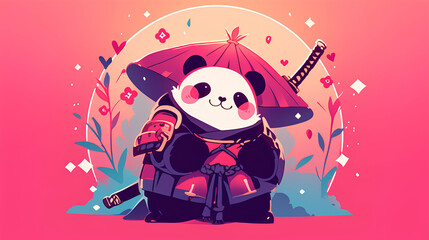 Cute panda wearing Japanese samurai armor, cool poses, cute kawaii, simple, smiling happy. neon psychedelic background