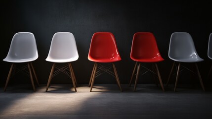 Job interview, recruitment concept. Row of chairs with one odd one out. Job opportunity. Red chair in spotlight. Business leadership. 3D Rendering.